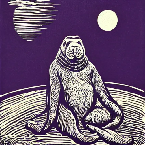 Image similar to freya the walrus in heaven, linocut