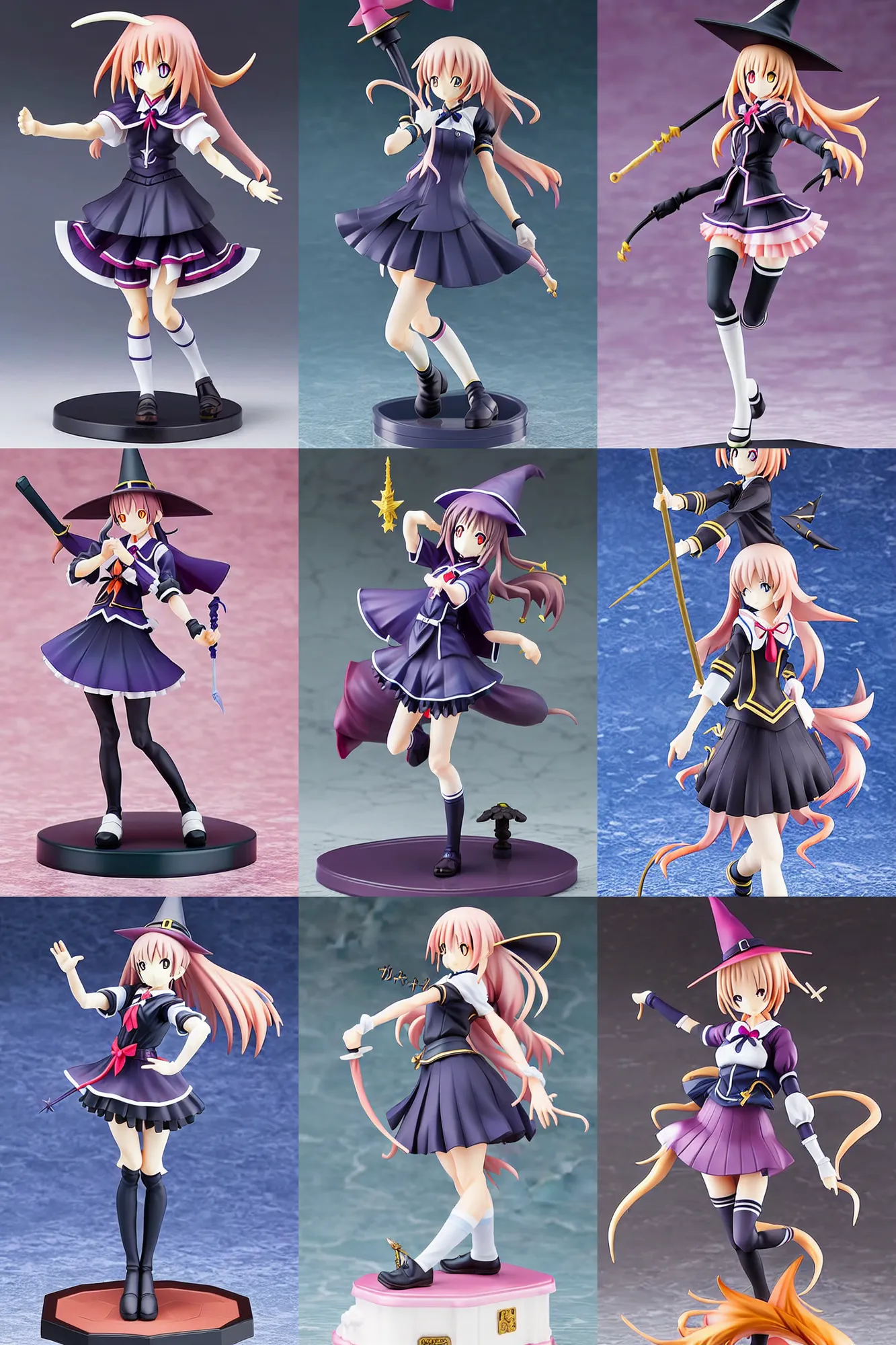 Prompt: still figurine of anime witch girl wearing magic school uniform, dynamic pose, detailed product photo, featured on amiami, beautiful composition, by akihiko yoshida