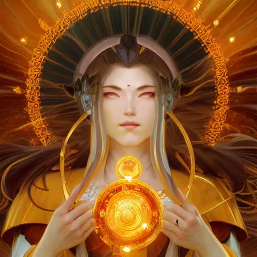 Image similar to The goddess Amaterasu clothed in pure golden light energy, D&D, highly detailed, digital painting, artstation, concept art, sharp focus, illustration, art by artgerm and greg rutkowski and alphonse mucha