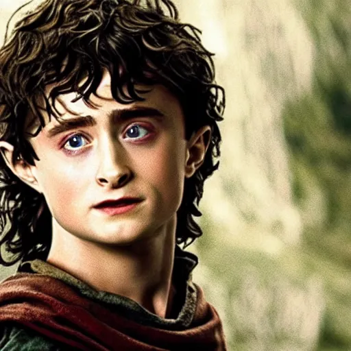 Image similar to Film still of a young Daniel Radcliffe as Frodo in Lord of the Rings: The Return of the King, 4k, wide shot, cinematic