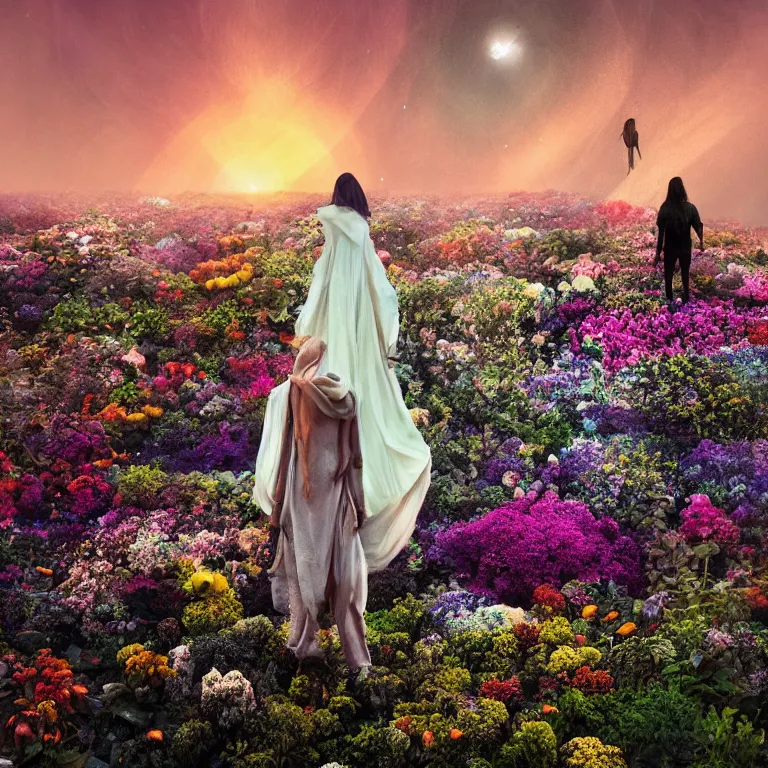 Image similar to a planet of various flowers, fungus and plants, in which the singular human figure is dressed in something magical and impressive, inside the picture is infinity, sunset light, Atmospheric phenomenon, artistic photography, muted colors, conceptual, long exposure outside the city, volumetric light