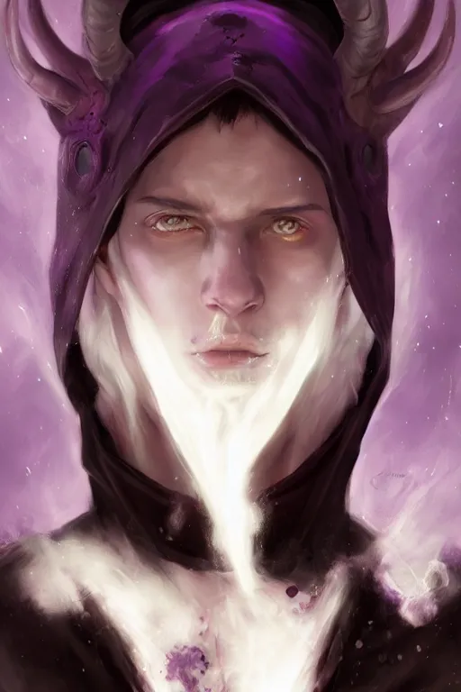 Prompt: white horns djinn man , black hair , portrait, concept art, purple and white thich cloak, illustration, costume design, editorial photo, fashion, hyperrealism, realism, trending on artstation, Charlie Bowater, WLOP