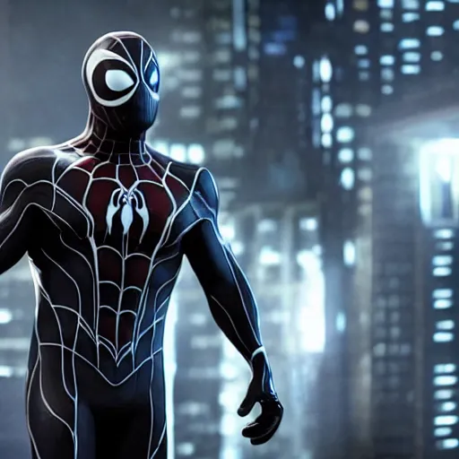 Image similar to ryan reynolds as symbiote suit spider - man, cinematic, volumetric lighting, f 8 aperture, cinematic eastman 5 3 8 4 film, photorealistic