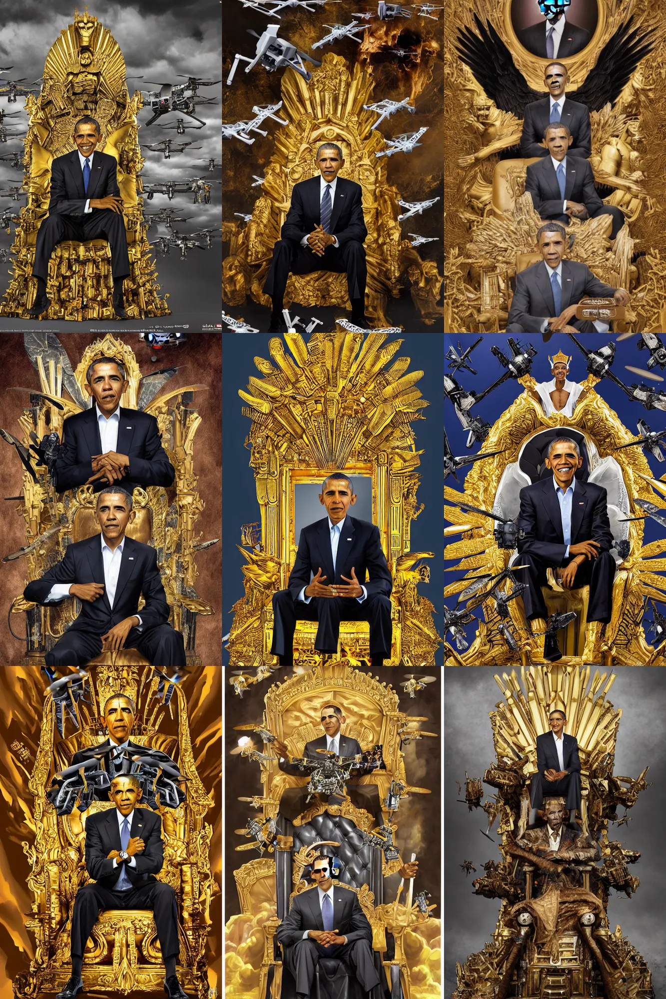 Prompt: grotesque concept art portrait of Barack Obama The Drone King sitting on a golden throne with MQ-1 Predator Drones (military) flying out from under it, Copyright TIME Magazine, (EOS 5DS R, ISO100, f/8, 1/125, 84mm, modelsociety, prime lense)