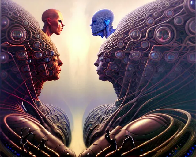 Image similar to the battle of humans against androids, fantasy character portrait made of fractals facing each other, ultra realistic, wide angle, intricate details, the fifth element artifacts, highly detailed by peter mohrbacher, hajime sorayama, wayne barlowe, boris vallejo, aaron horkey, gaston bussiere, craig mullins