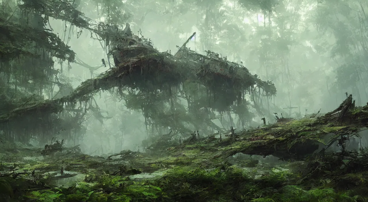 Prompt: rusty ship wreck in a lush forest, sci-fi, ivy, moss, concept art by Ruan Jia and Greg Rutkowski and Sparth, global illumination