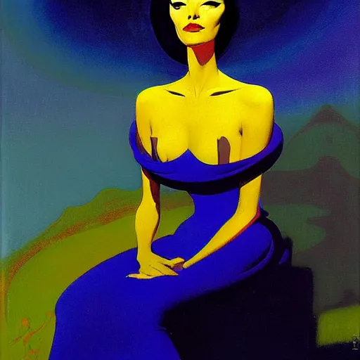 Image similar to an oil painting of a queen in a thierry mugler dress sitting on a throne, by bruce pennington, by eyvind earle, nicholas roerich, by frank frazetta, by georgia o keeffe, by dean cornwell, highly detailed, contest winner, eerie, ominous, tonalism, jewels, rich baghdad, oriental, desaturated, anime