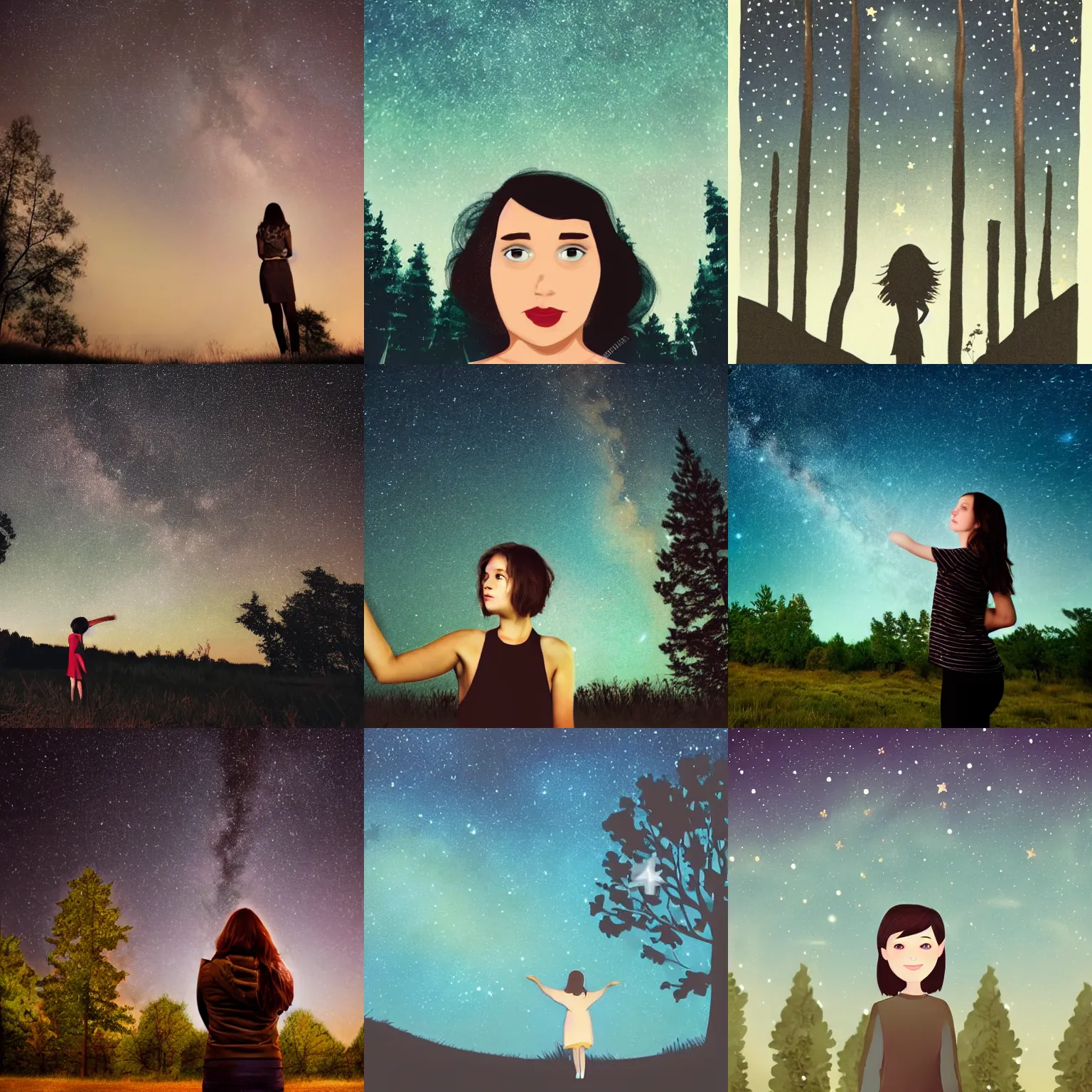 Prompt: a girl with short brown hair, trees and the night sky with stars in the background