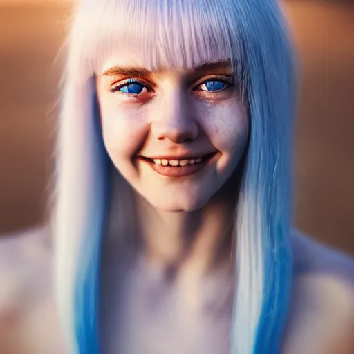 Prompt: beautiful hyperreal portrait of a cute young woman smiling softly, long white hair and bangs, flushed face, blue eyes, by juan francisco casas, golden hour, soft focus, 8 k, portra 4 0 0