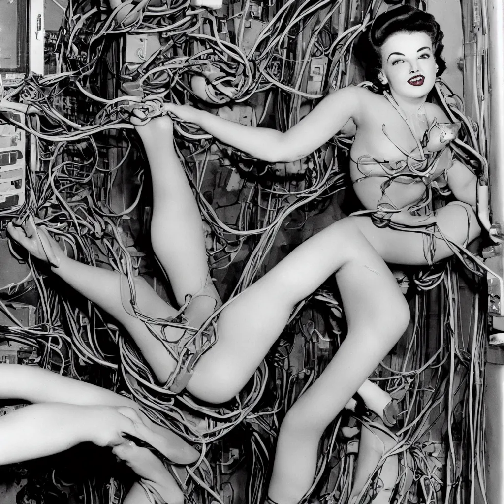 Prompt: A 1950s pinup girl entangled in ethernet cables holds an intestine that serves as her interface in a datacenter in the style of Tarkovski