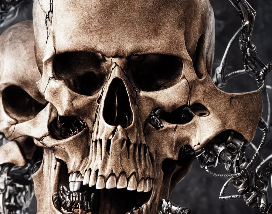 Image similar to terminator skull, realistic metal skull, realistic metal, beautiful texture, beautiful graphics, fantasy artwork, very beautiful scenery, hd, hdr, ue 5, ue 6, unreal engine 5, cinematic 4 k wallpaper, 8 k, ultra detailed