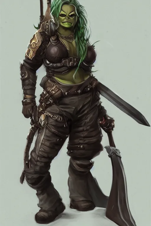 Prompt: full character image of : gender : female, race : orc, job : bounty hunter, weapon : katana, clothes : leather armor, accessories : goggles, body type : strong hair style : wavy, concept art, trending on artstation hd.