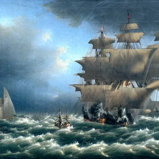 Image similar to trafalgar naval battle, stormy weather