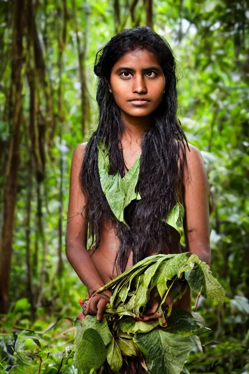 Image similar to a professional photo of a sri lankan jungle girl, black hair, gatherer, covered in leaves, extremely high fidelity. key light.