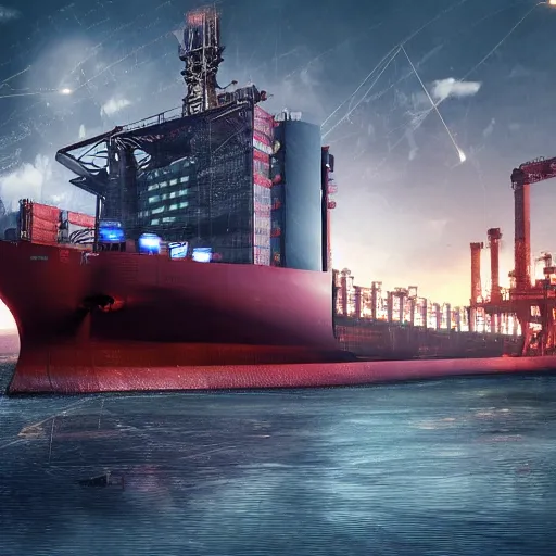 Image similar to photo of Immense industrial futuristic cargo ship arrives at cyber punk city sea port, cinematic lighting, photo