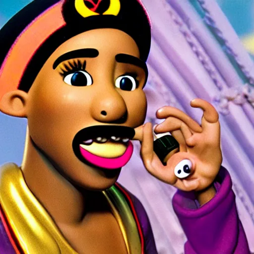 Image similar to tupac as sailor moon in wallace and gromit, extreme close-up, screaming into a mic