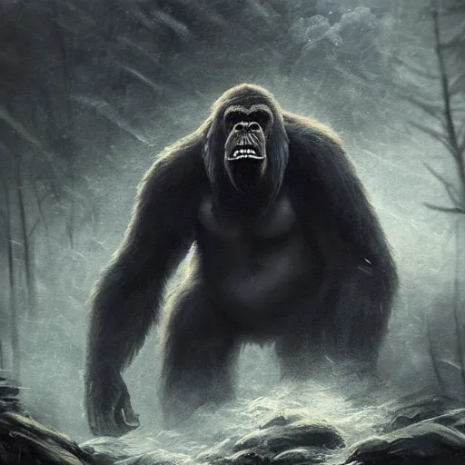 Prompt: King Kong in the forest in the storm, fantasy art, in the style of greg rutkowski, illustration, epic, fantasy, intricate, hyper detailed, artstation, concept art, smooth, sharp focus, ray tracing