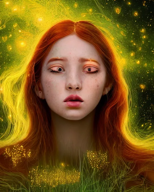 Image similar to a young woman, amazed by the lights of golden fireflies, sitting in the midst of nature fully covered, long loose red hair, intricate linework, dreamy green eyes, small nose with freckles, oval shape face, soft happy smile, realistic, expressive emotions, dramatic lights scene, hyper realistic ultrafine digital art by james jean and albert bierstadt and artgerm