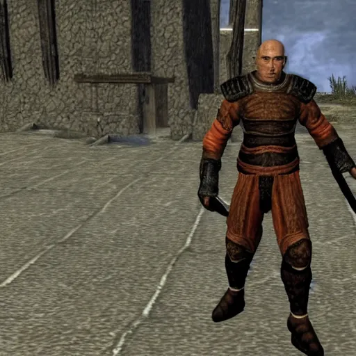 Prompt: attacking screenshot of george st. pierre in morrowind, imperial armor, pc graphics, npc talking, wilderness, 7 2 0 p, elder scrolls iii, detailed, dialog text