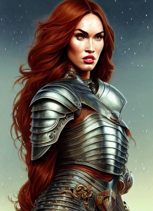 Image similar to portrait of megan fox as a knight, medival armor, redhead, sword, dark ages, intricate, headshot, highly detailed, digital painting, artstation, concept art, sharp focus, cinematic lighting, illustration, art by artgerm and greg rutkowski, alphonse mucha, cgsociety