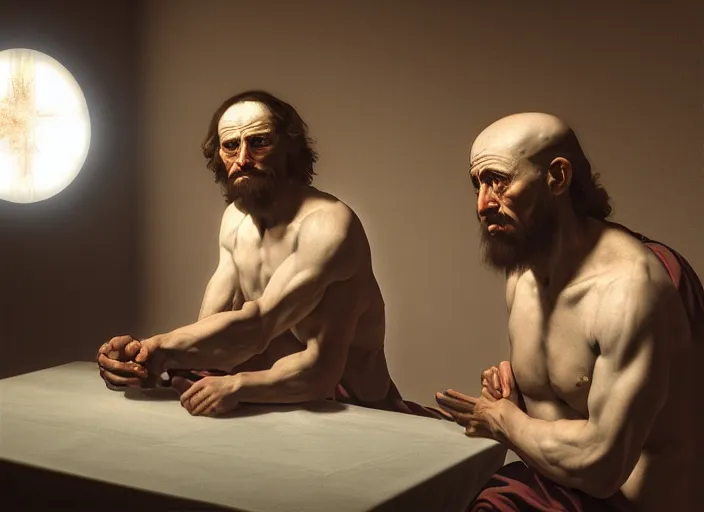 Image similar to doubting thomas by caravaggio, artwork, 3 d, hd, megapixel, hdr, incandescent, volumetric lighting, volumetric, ray tracing reflections