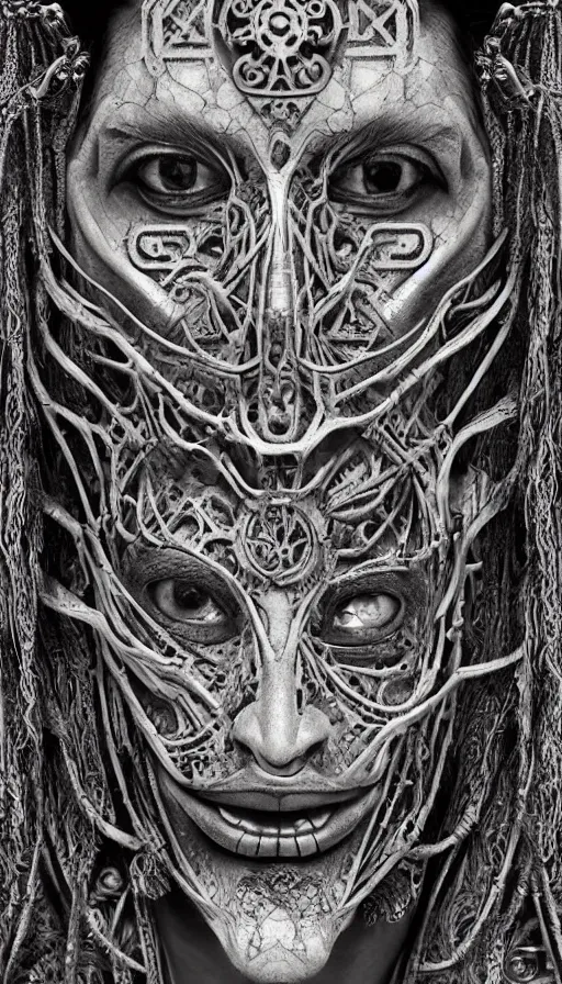 Image similar to ancient biomechanical hybrid aztec fantasy beautiful shaman symmetrical human face immortal mask tattoo pattern concept, teonanacatl glyph, intricate artwork by, Johnatan Wayshak, Zdizslaw Beksinski, face by Artgerm, H.R. Giger, very coherent artwork, cinematic, hyper realism, high detail, octane render, unreal engine, 8k, High contrast, higly detailed black ink outline, crosshatch sketch gradient