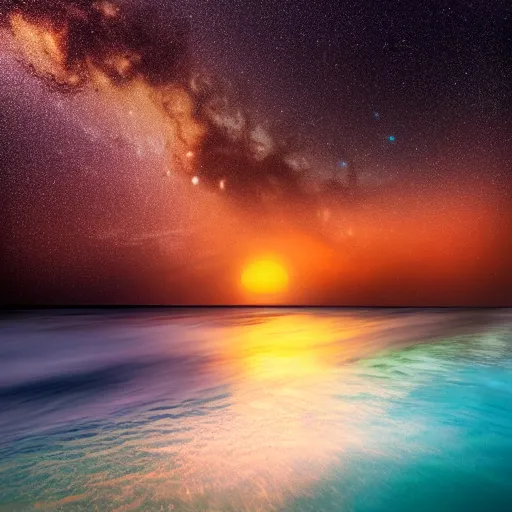 Image similar to a photo taken by shore of the ocean on an alien planet that shows the water all the way to the horizon and the night sky that has many colorful galaxies and stars in it