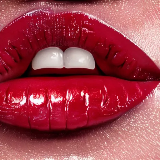 Image similar to a photo of a hyperrealistic lusty blonde woman with lucious red lips opening her mouth and sticking out her tongue photorealism