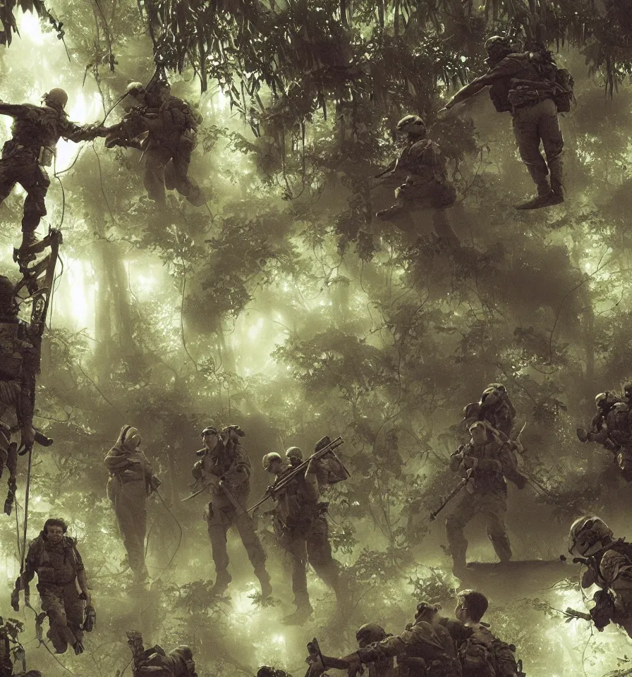 Image similar to A picture of a special forces team consisting of Mel Gibson, Tuesday Weld, James Caan, Don Johnson, Dieter Meier and Rebecca de Mornay professionally working together to find out a way of a dense and foggy rainforest. A detailed and realistic Illustration made by Greg Rutkowski, Peter Elson, Bruce Pennington and Michael Whelan using state of the art painting equipment.