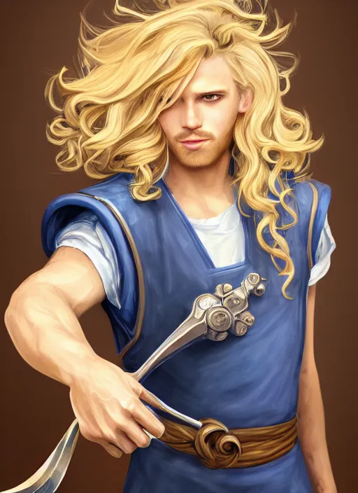 Image similar to a highly detailed illustration of long wavy bright blonde haired effeminate boy wearing blue blacksmith apron and iron mechanical arms, blue eyes, dramatic smiling pose, perfect face, symmetrical eyes, intricate, elegant, highly detailed, centered, digital painting, artstation, concept art, smooth, sharp focus, league of legends concept art, wlop