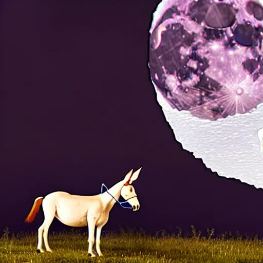 Image similar to a mule with headphones on, under awesome moon lit clouds, stunning photograph, from the point of view of an ant