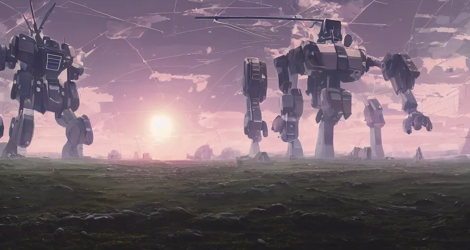 Image similar to Landscape with GIANT mechatronics megastructure looming in the distance fighting each other, inspired by gundam, cinematic, rendered by simon stålenhag, rendered by Beeple, Makoto Shinkai, syd meade, environment concept, digital art, unreal engine, 3 point perspective, WLOP, trending on artstation, low level, 4K UHD image, octane render,