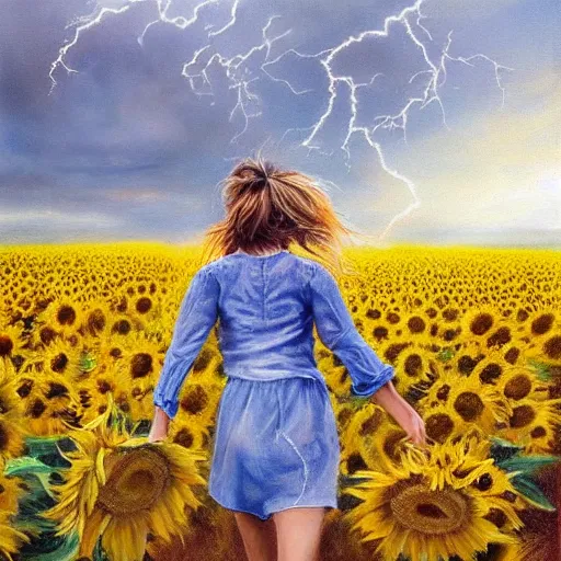 Prompt: a girl slowly running through amazing tall sunflower field, hair flowing, dynamic hands position, fog, early morning lightning, subtle, intricate details, real masterpiece, oil on canvas, by somsak anong