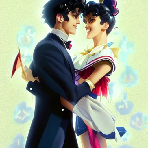 Image similar to Sailor Moon and Tuxedo Mask singing karaoke, highly detailed, digital painting, artstation, concept art, sharp focus, illustration, cinematic lighting, art by artgerm and greg rutkowski and alphonse mucha