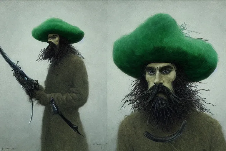 Prompt: moustached musketeer with feathered hat, dark fantasy, green, artstation, painted by zdzistaw beksinski and wayne barlowe