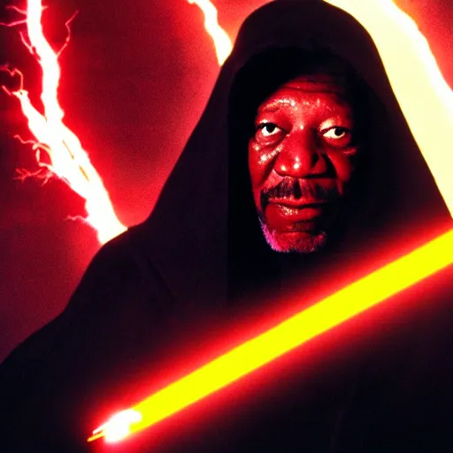 Image similar to Morgan Freeman as a sith lord wearing a hooded black robe with glowing red eyes and casting lightning from his hands