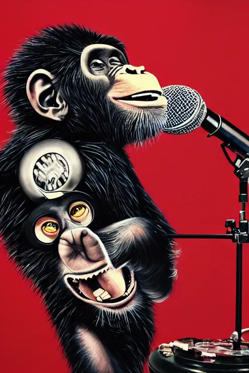 Image similar to a portrait of an anthropomorphic rockstar chimp singing into a microphone on a stand by sandra chevrier, by jon foster, detailed render, tape deck, epic composition, cybernetics, 4 k realistic, cryengine, realistic shaded lighting, sharp focus, masterpiece, by enki bilal