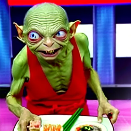 Image similar to gollum from lord of the rings eating sushi on a japanese game show