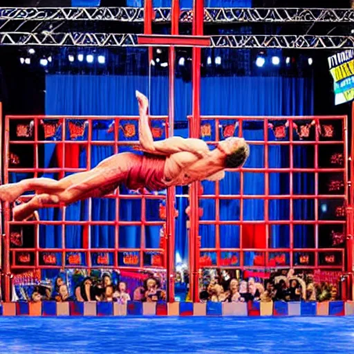 Prompt: huge bold beautiful number 6 in the middle of the ninja warrior competition set , hyper-realistic, ultradetails, intricate by mc esher and René Magritte