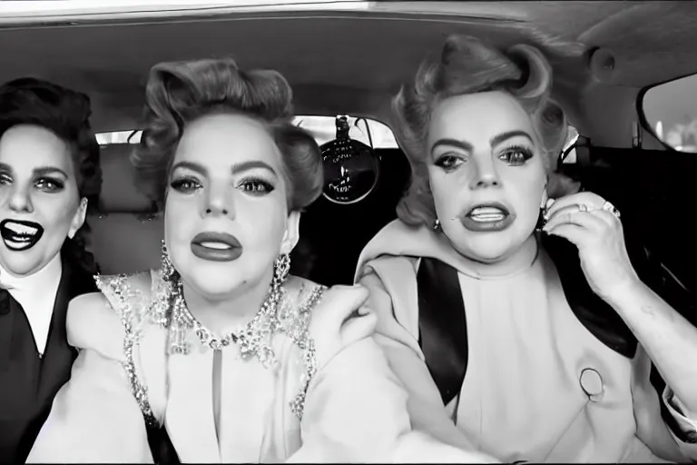 Image similar to lady gaga and judy garland doing carpool karaoke, lady gaga and judy garland, carpool karaoke, lady gaga, judy garland, carpool karaoke, youtube video screenshot, the late late show with james corden