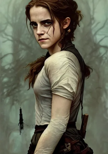 Prompt: emma watson zombie apocalypse in hogwarts, intricate, elegant, highly detailed, digital painting, artstation, concept art, smooth, sharp focus, illustration, art by artgerm and greg rutkowski and alphonse mucha and william - adolphe bouguereau