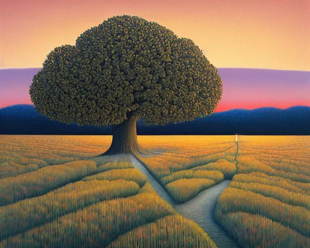 Image similar to a painting of an unimaginably beautiful landscape at golden hour, an ultrafine detailed painting by rafal olbinski, behance contest winner, pop surrealism, detailed painting, very detailed, minimalist, skeuomorphic, airbrush art