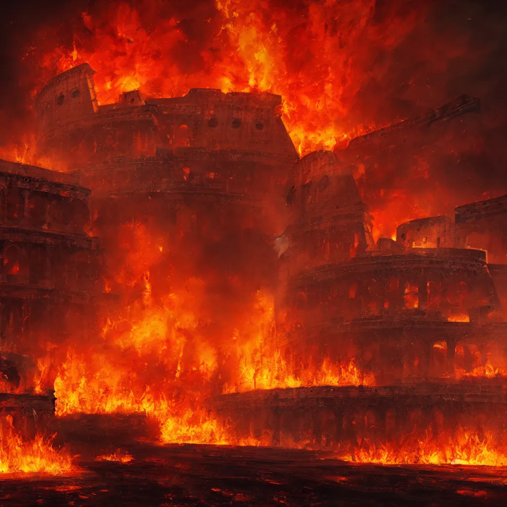 Image similar to painting of the great fire of rome, abstract, realism, 8 k, detailed, terror, octane render, 3 d render, complex emotion, glow, orange, beautiful, cinematic