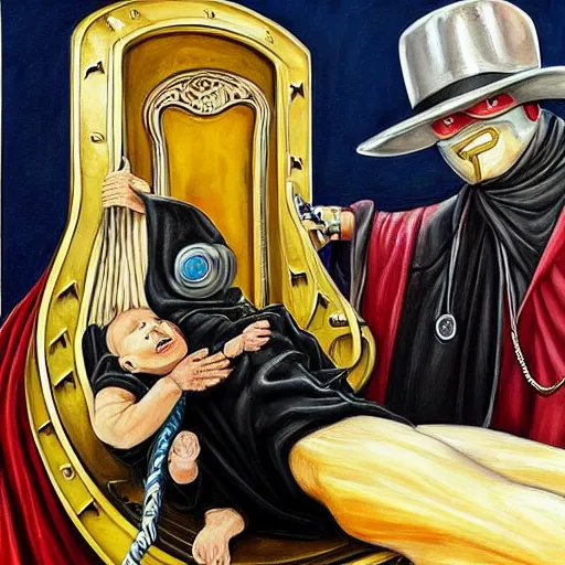 Image similar to hyper realistic painting of a handsome man symmetrical, sitting in a gilded throne, tubes coming out of the man's arm, getting a blood transfusion from a baby. plague doctor in the background created by mike allred