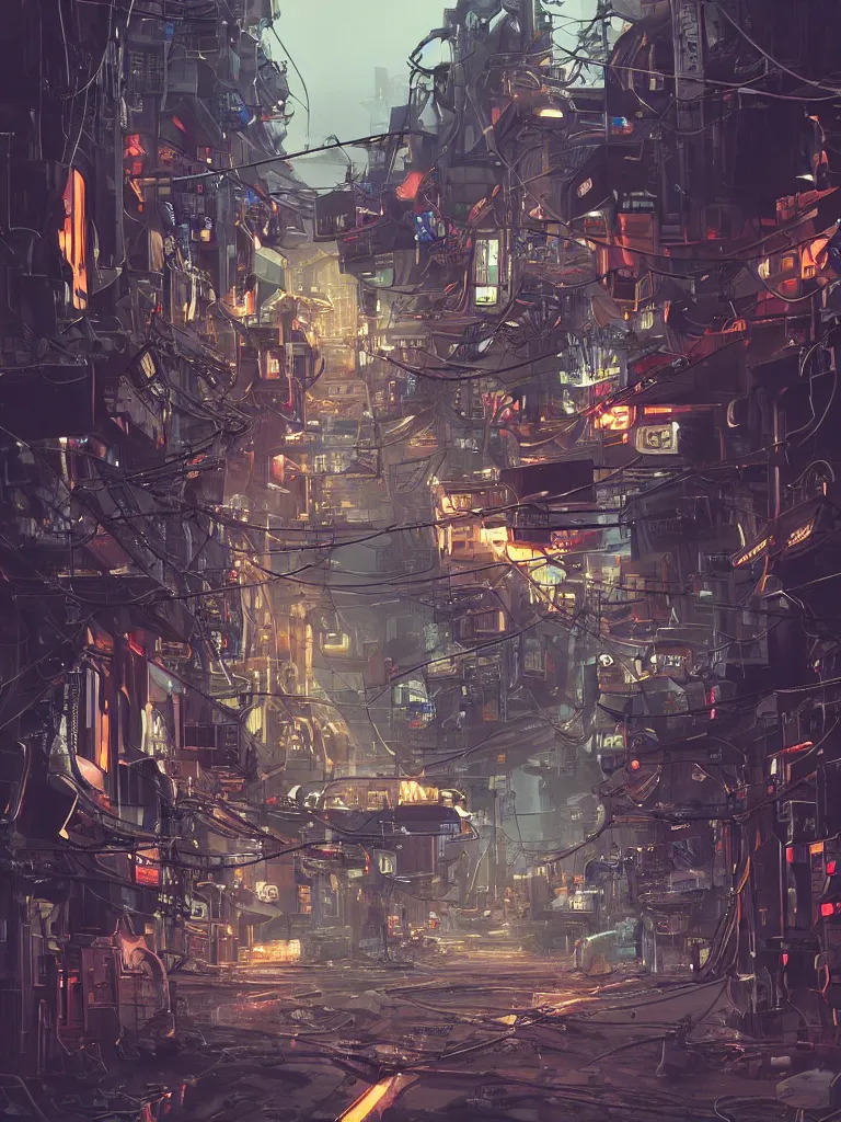 Image similar to futuristic dieselpunk street, cable stone ground. lots hanging cables, tiny wires on the ground. narrow, garbage on the ground. rain. fog, haze, evening. led screens. neon signs. golden hour. volumetric lighting. cables on the ground. very messy. futuristic. photorealistic. artstation. anime. studio gimbli style