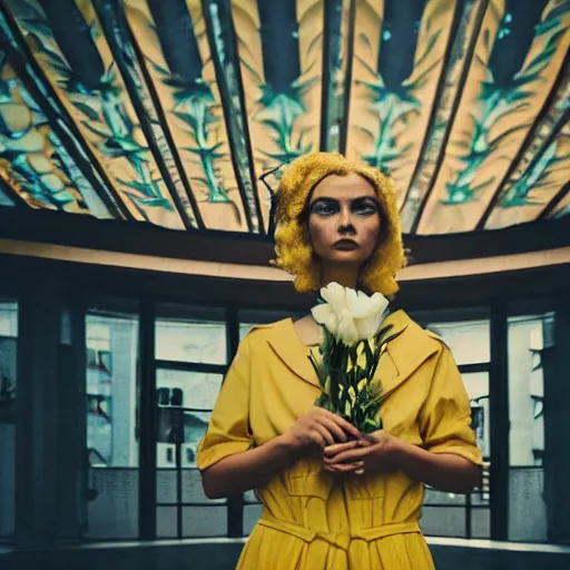 Image similar to giant flower head, frontal, woman standing in mid century building, surreal, symmetry, bright, tone in tone, cinematic, wes anderson