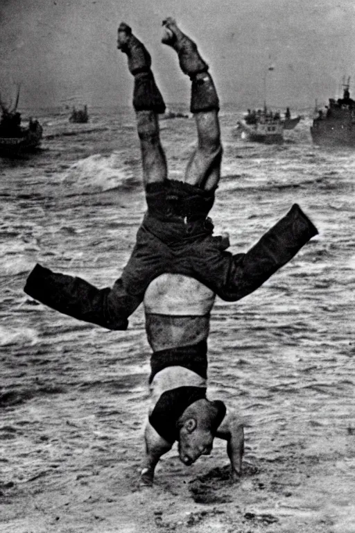 Prompt: historical ww 2 photograph of'pauly shore '!!! doing a handstand on d - day invasion of normandy