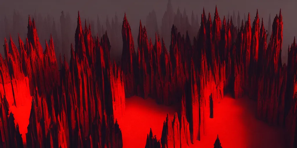 Image similar to dark gothic cathedral, gothic architecture, at the top of a red rock canyon, artstation concept art, beautiful matte painting, aerial view, red and orange and black color palette, chiaroscuro lighting