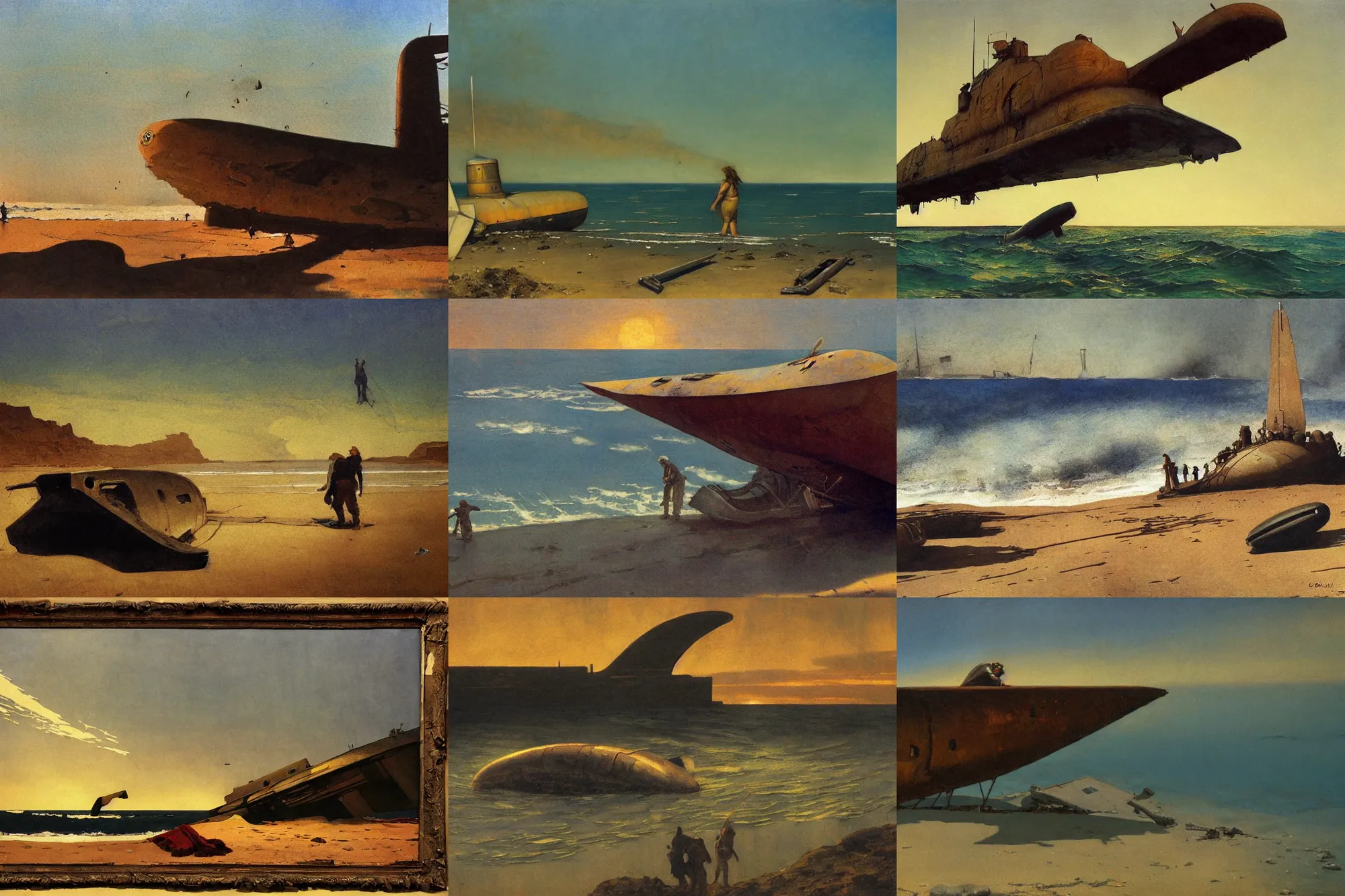 Prompt: nc wyeth painting, vanishpoint, beached submarine in the middle of sanaa, incredible, award winning, up close, climbing, beaching, rust, sadness, golden hour