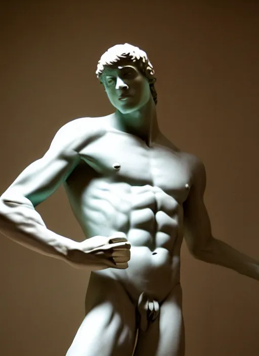 Image similar to an android with an adult male human looking face is the statue david by michelangelo, polaroid, flash photography, photo taken in a back storage room where you can see empty shelves in the background,